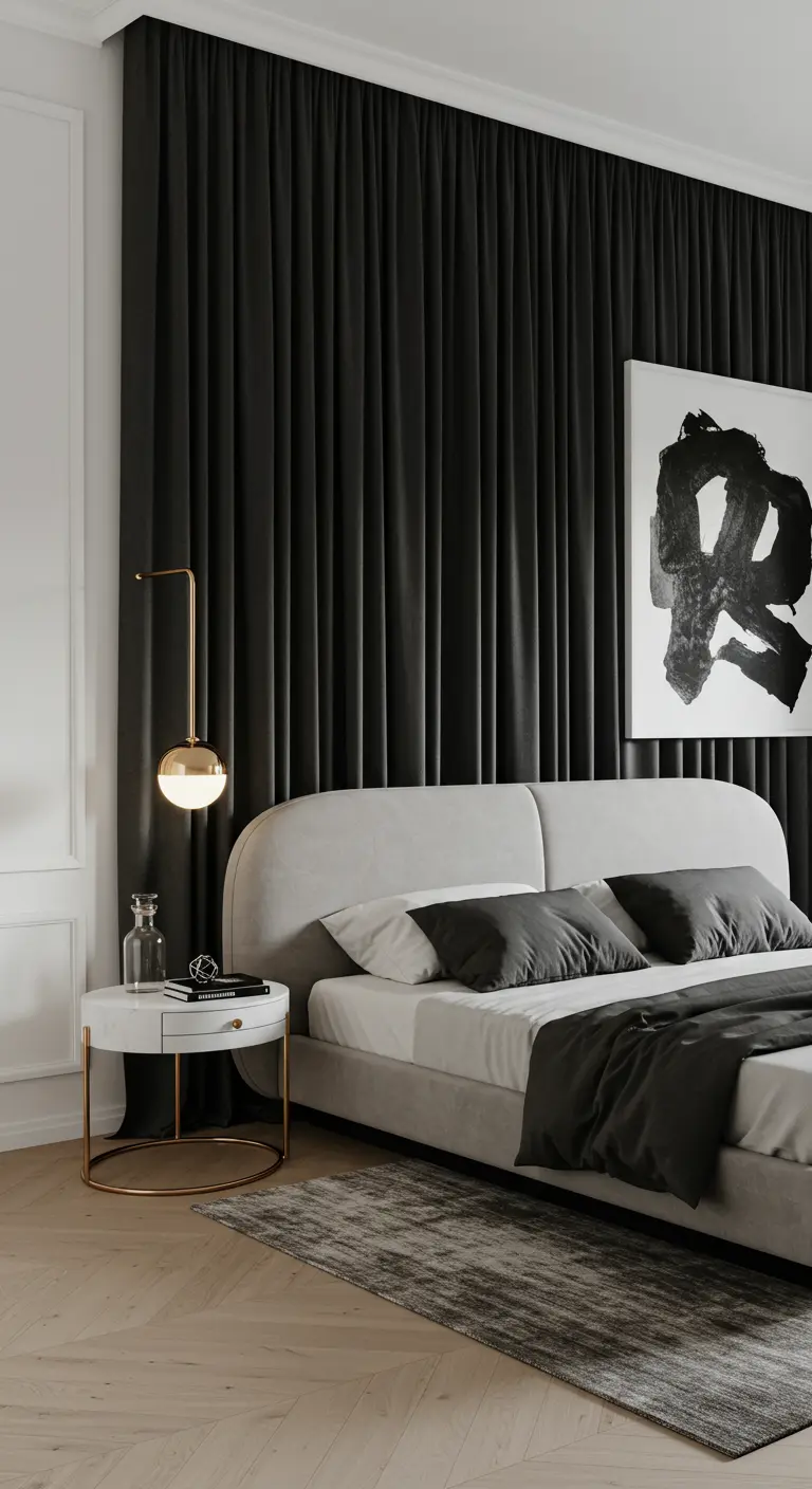 A modern bedroom with a full wall of black curtains behind a light grey bed.
