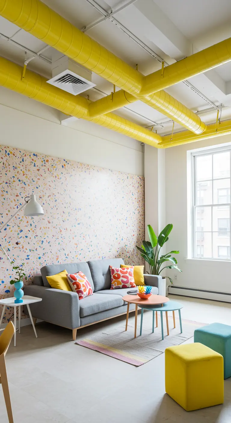Loft with bright yellow painted ductwork, a gray sofa, and colorful terrazzo accent wall.
