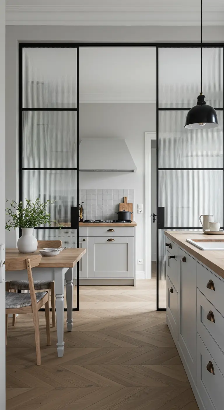 A black steel-framed room divider featuring fluted glass for a textured, private effect.