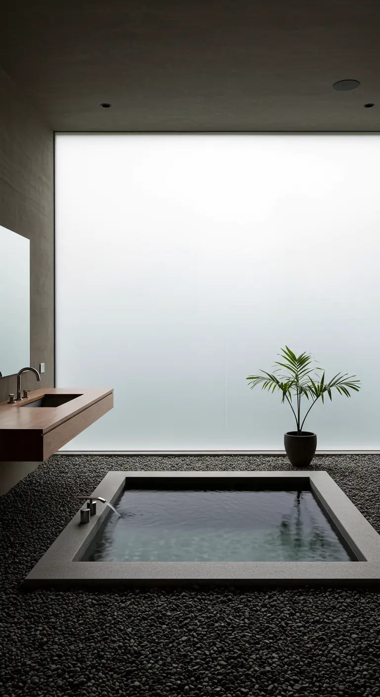 A sunken tub on a pebble floor before a large frosted glass window, with a single potted palm.