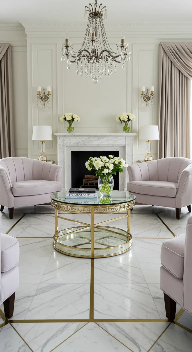 A formal living room with marble floors featuring a geometric brass inlay pattern.