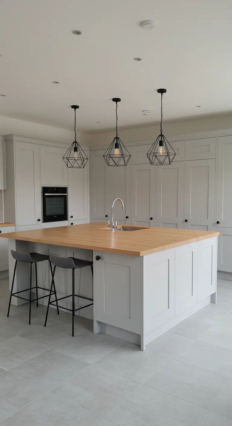 Kitchen island with a light wood top and three black geometric pendant lights hanging above.