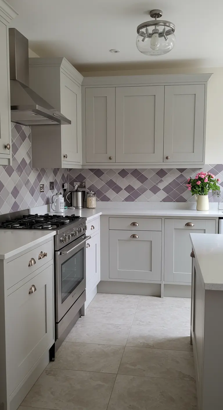 A kitchen with light gray cabinets and a diamond-patterned tile backsplash in gray and lavender.