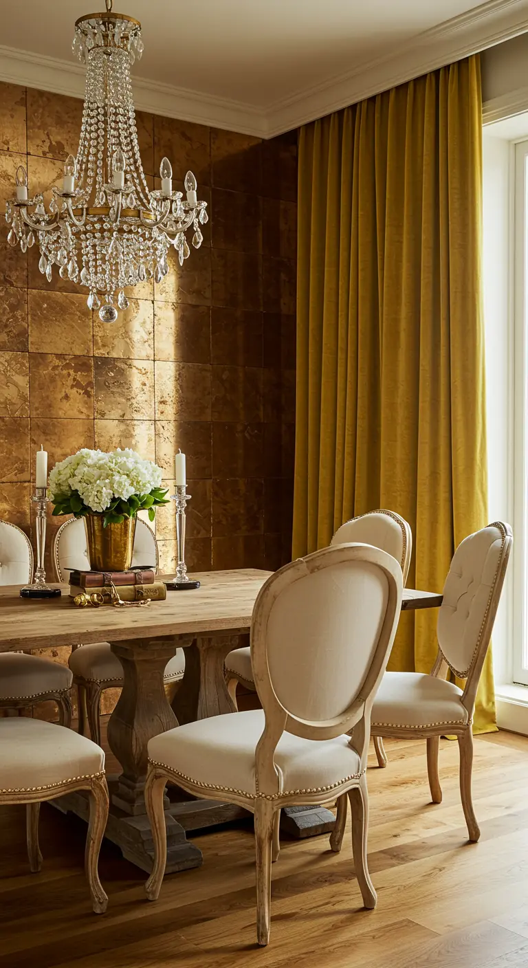 Dining room with gold leaf accent wall, crystal chandelier, and mustard velvet curtains.