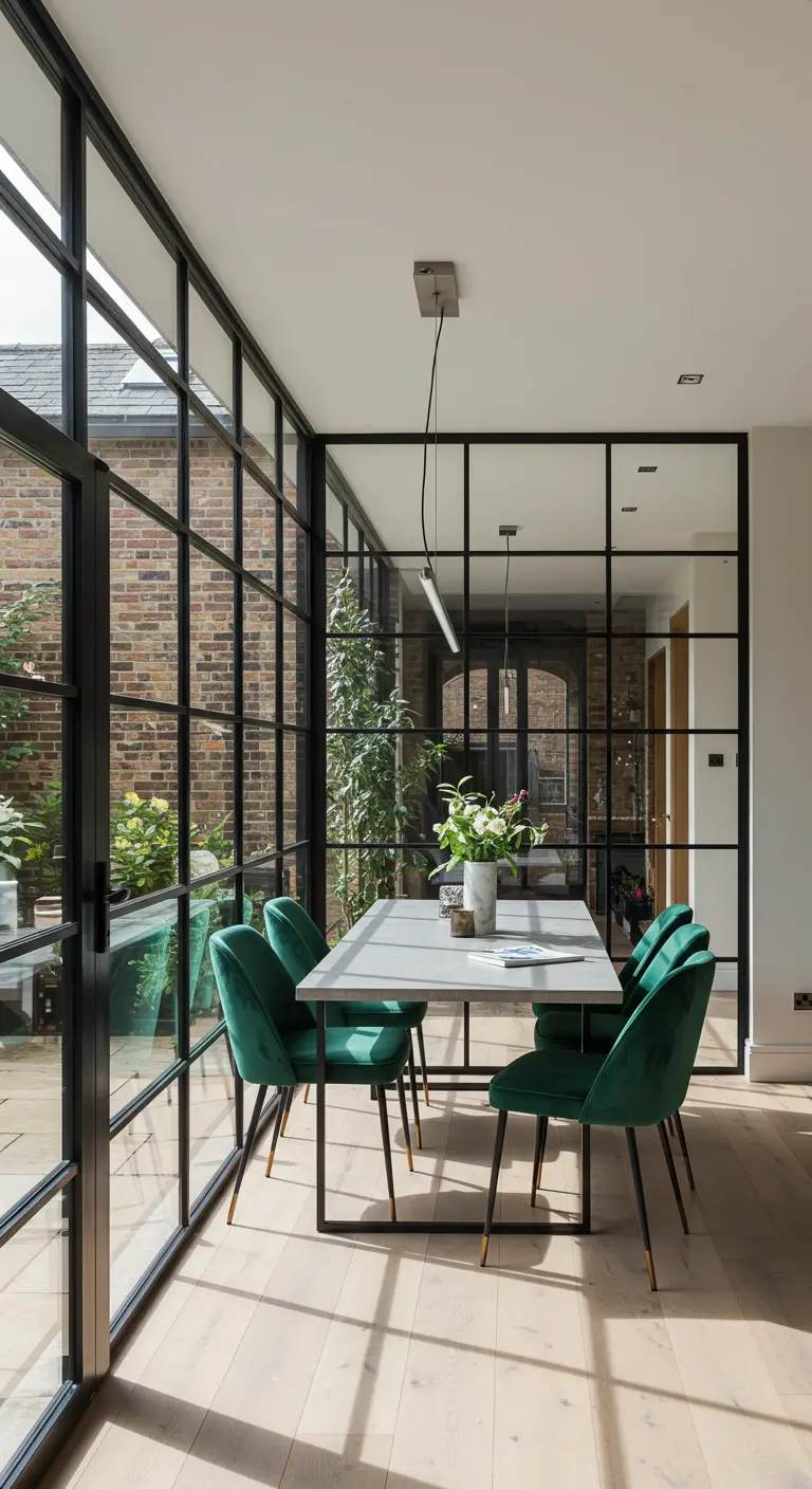 Dining area enclosed by black-framed glass walls, with green velvet chairs around the table.