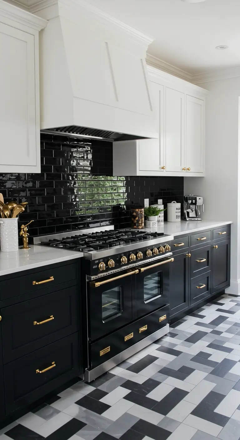 Kitchen with black lower cabinets, white uppers, and a glossy black subway tile backsplash.