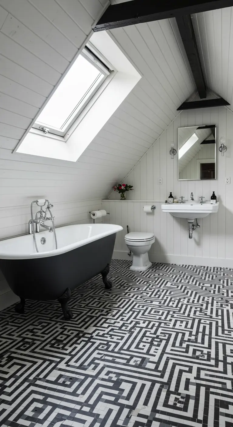 Attic bathroom with a black and white maze-patterned tile floor under a skylight.