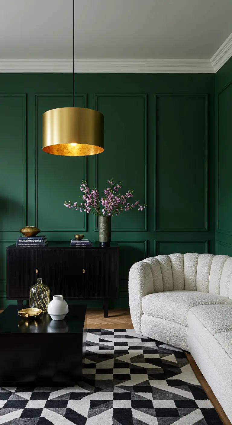 Modern living room with emerald walls, a graphic black-and-white rug, and a white bouclé sofa.