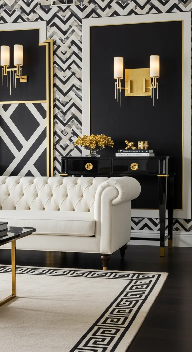 White tufted sofa against a wall with bold black, white, and gold geometric patterns.