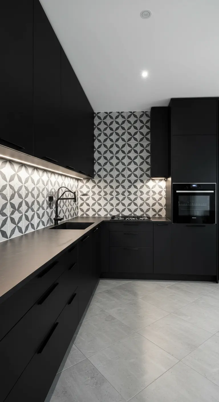 Modern kitchen with matte black cabinets and a striking black and white geometric tile backsplash.
