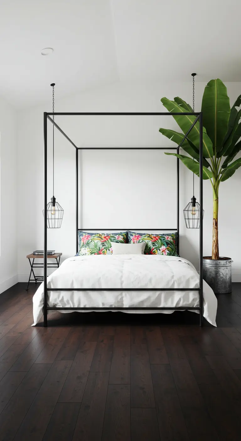Minimalist bedroom with a tall black canopy bed and a large banana tree plant.