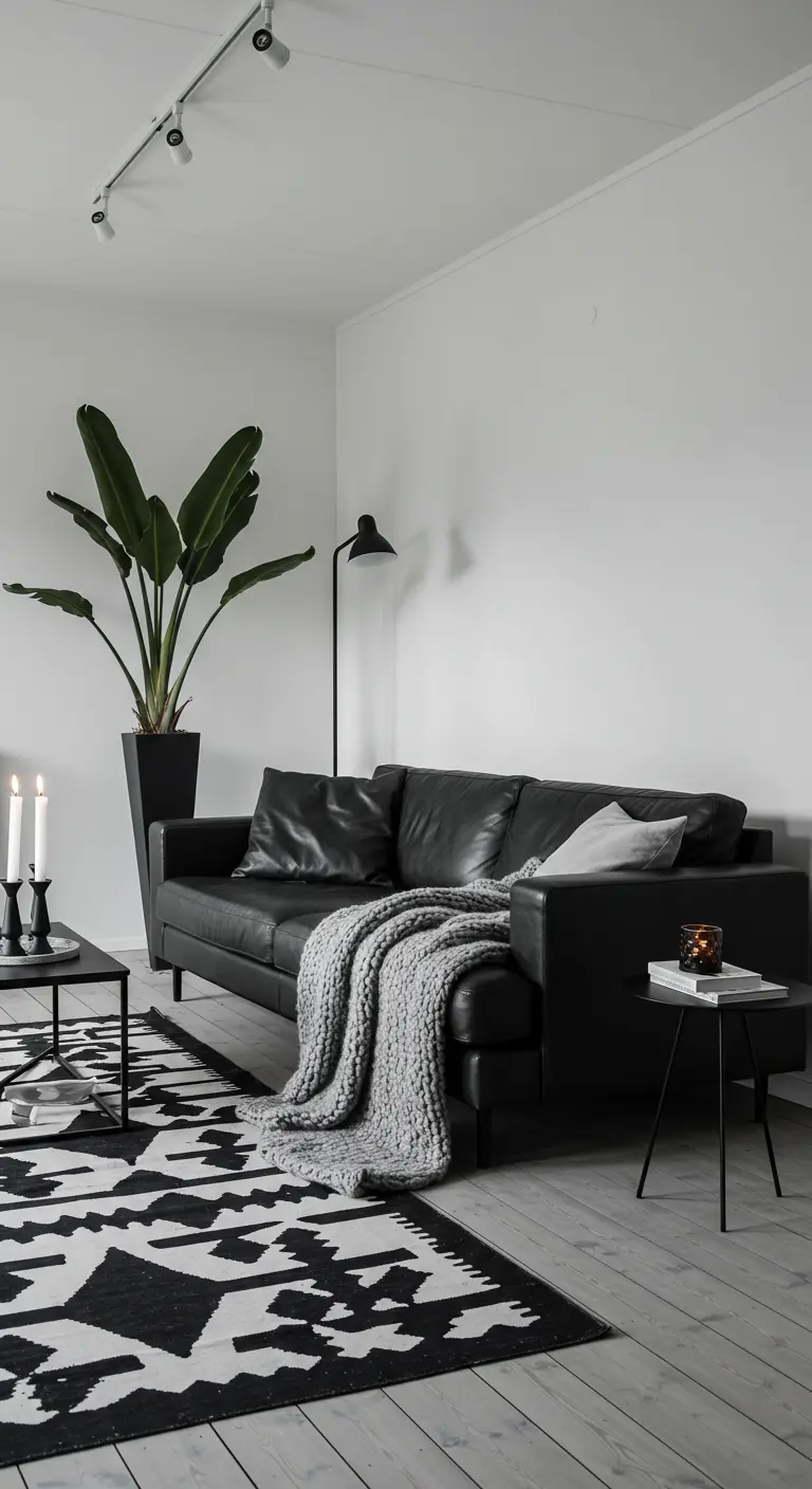 Black leather sofa on a bold black-and-white rug with a tall, leafy plant.