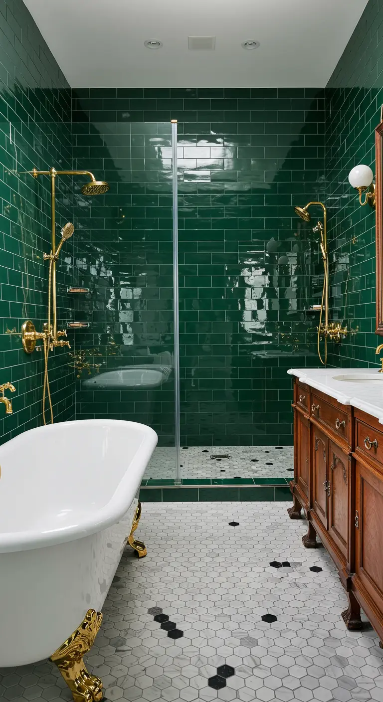 Bathroom with glossy emerald green subway tiles, a white clawfoot tub with brass feet, and a wood vanity.