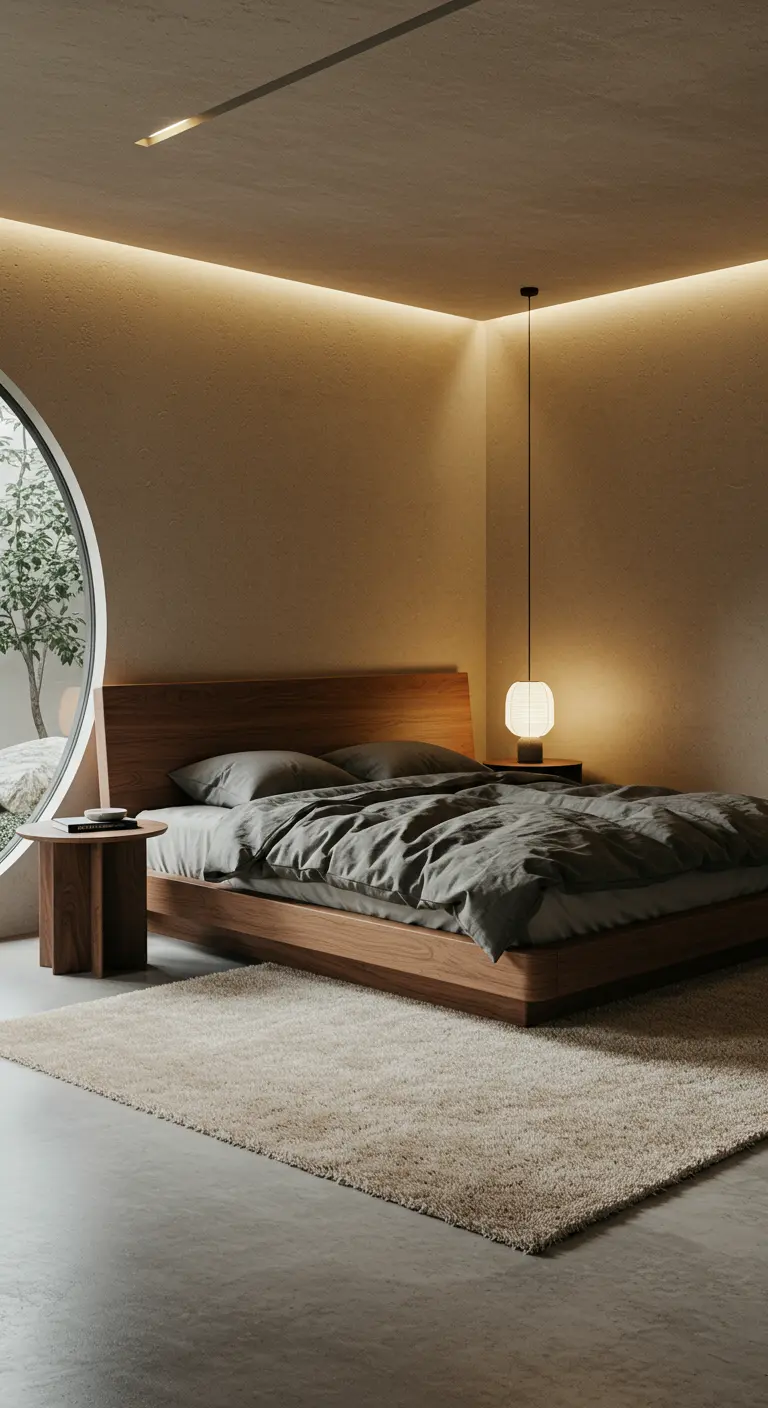 A minimalist bedroom with a low wood platform bed and warm cove lighting.