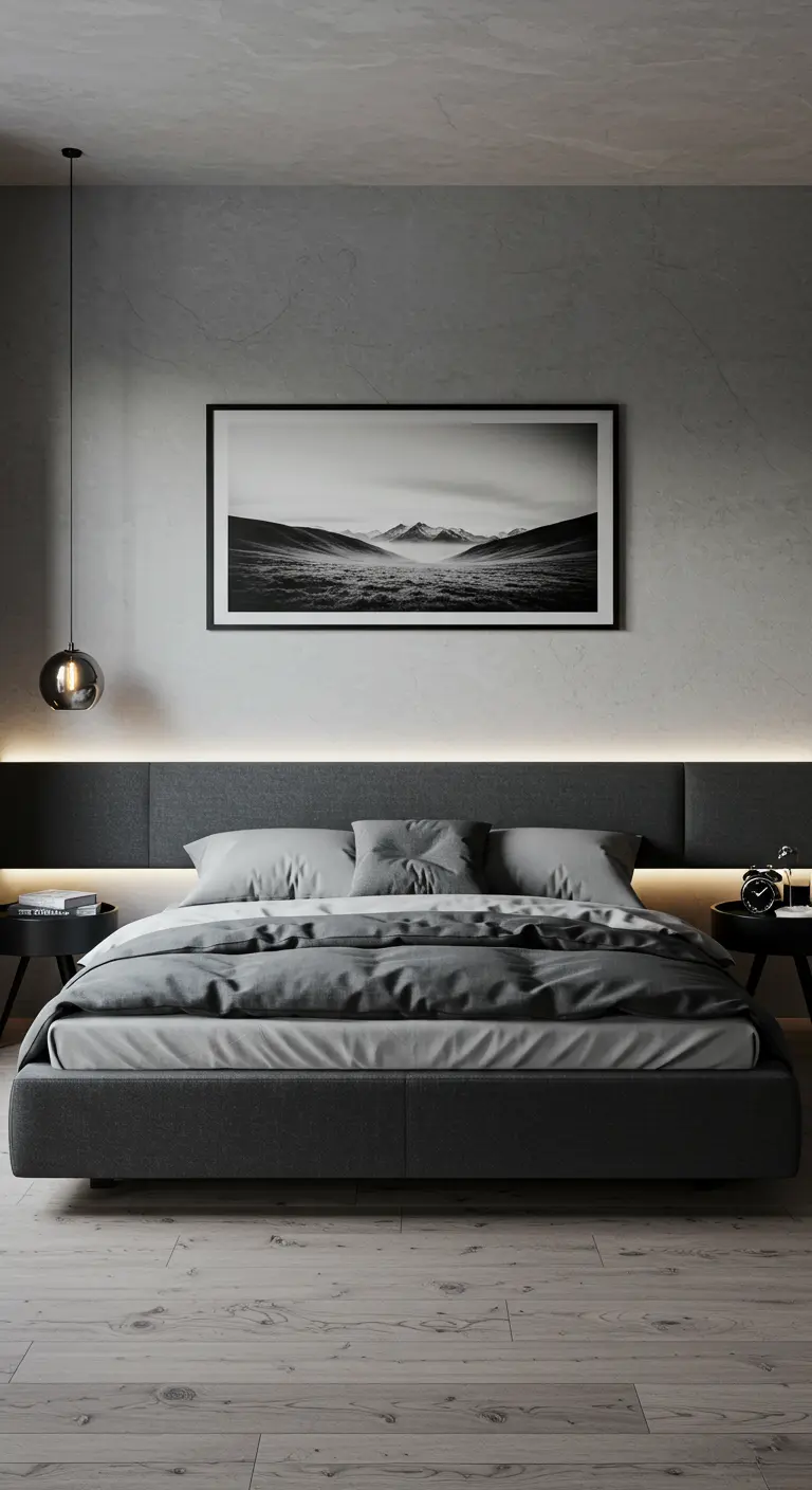 Modern monochrome bedroom with an upholstered headboard featuring integrated LED backlighting.