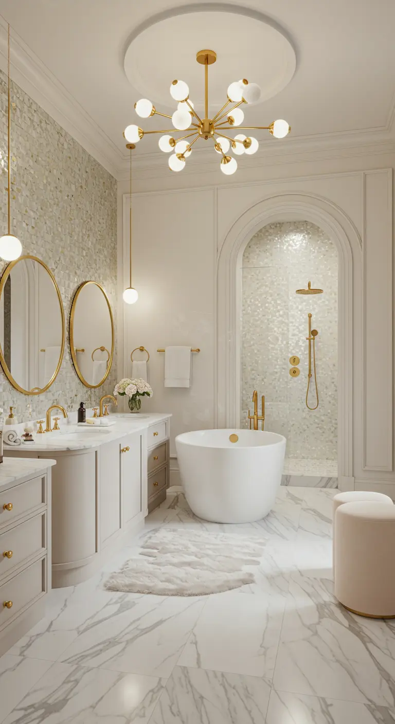 Creamy white bathroom with an arched shower entrance lined with iridescent mosaic tiles.