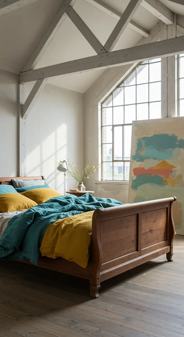 Loft bedroom with exposed beams and jewel-toned bedding in teal and yellow.