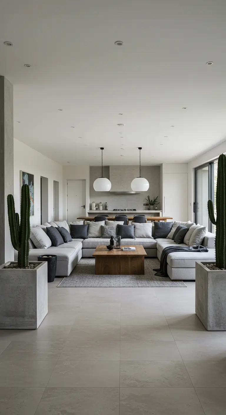 Open-plan living room and kitchen with a U-shaped sofa and two large cactus planters.
