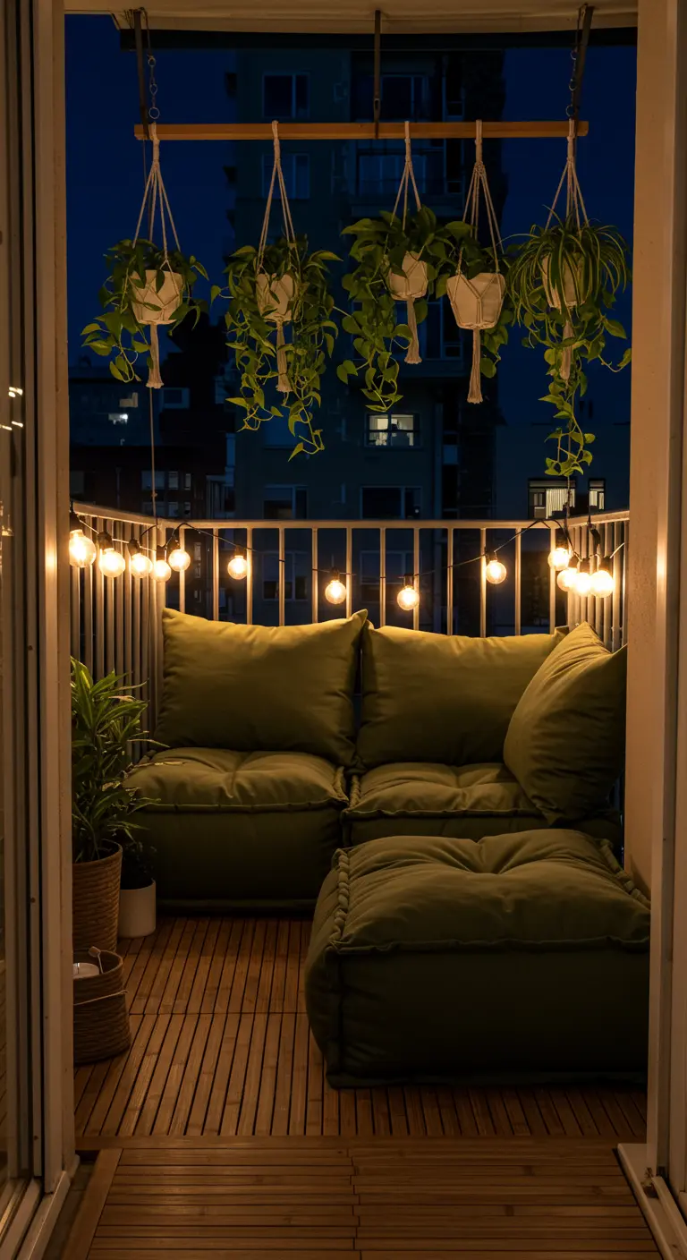 A balcony at night with an olive green modular sofa, string lights, and hanging plants.