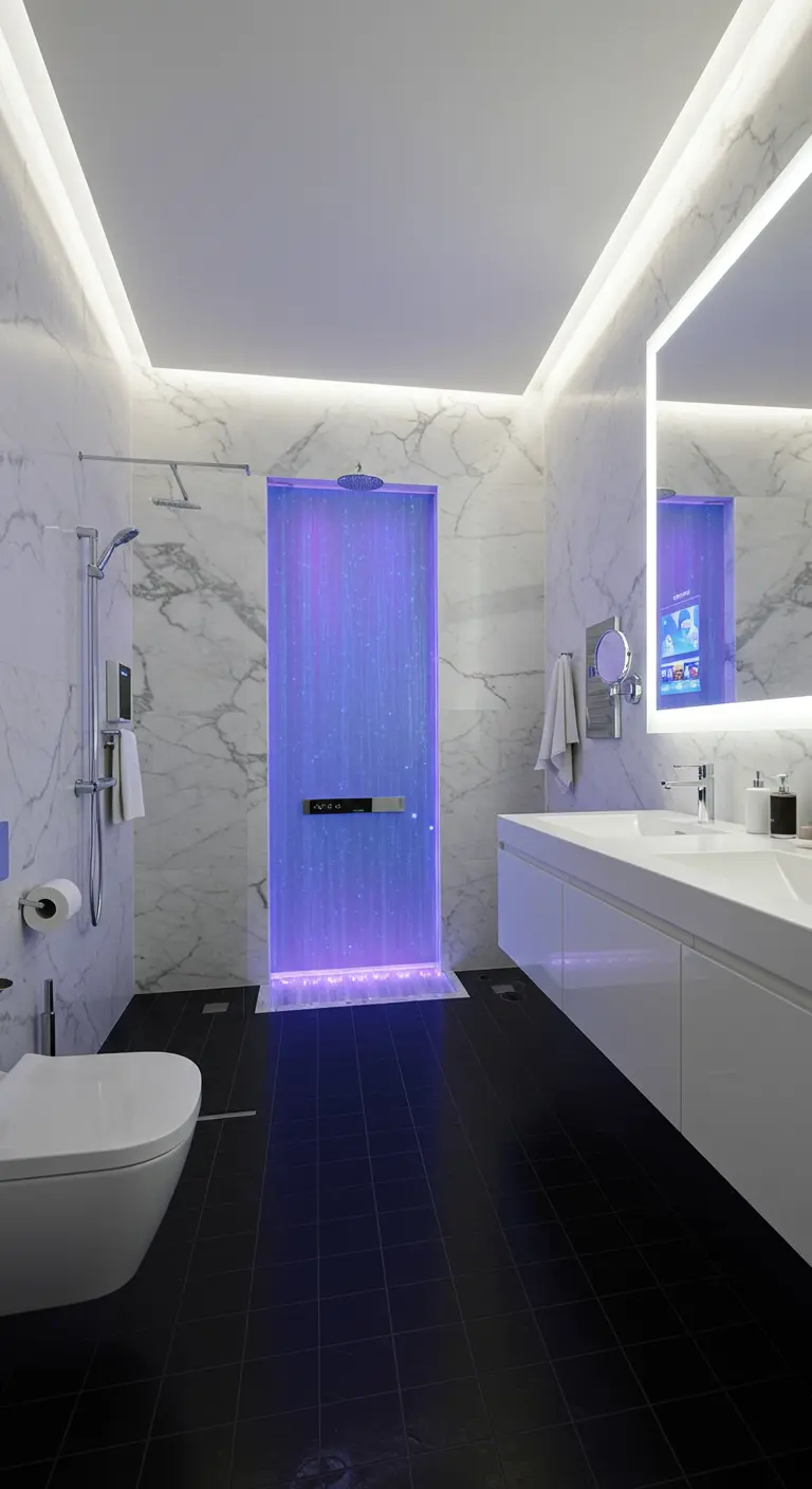 White marble bathroom with a vibrant purple and blue LED-lit shower waterfall and a floating vanity.