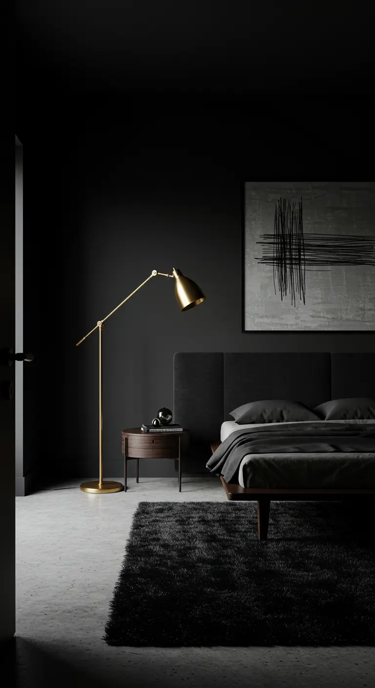 Minimalist black bedroom with a brass floor lamp and abstract art.
