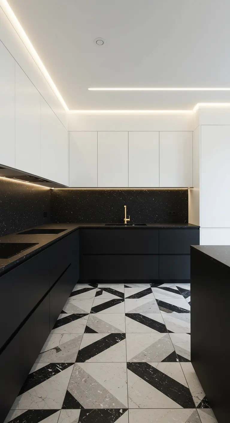 Minimalist black and white kitchen with integrated LED strip lighting and terrazzo-style floor.
