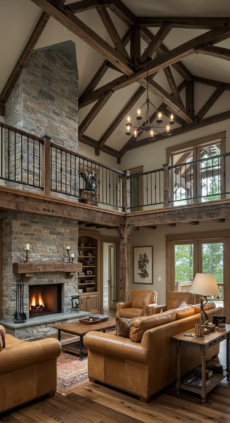 Two-story lodge living room with a mezzanine, stone fireplace, and a large iron chandelier.