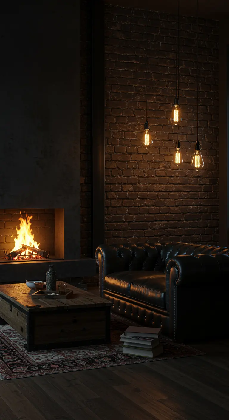 A cluster of Edison bulb pendants illuminates a black chesterfield sofa by a fireplace.