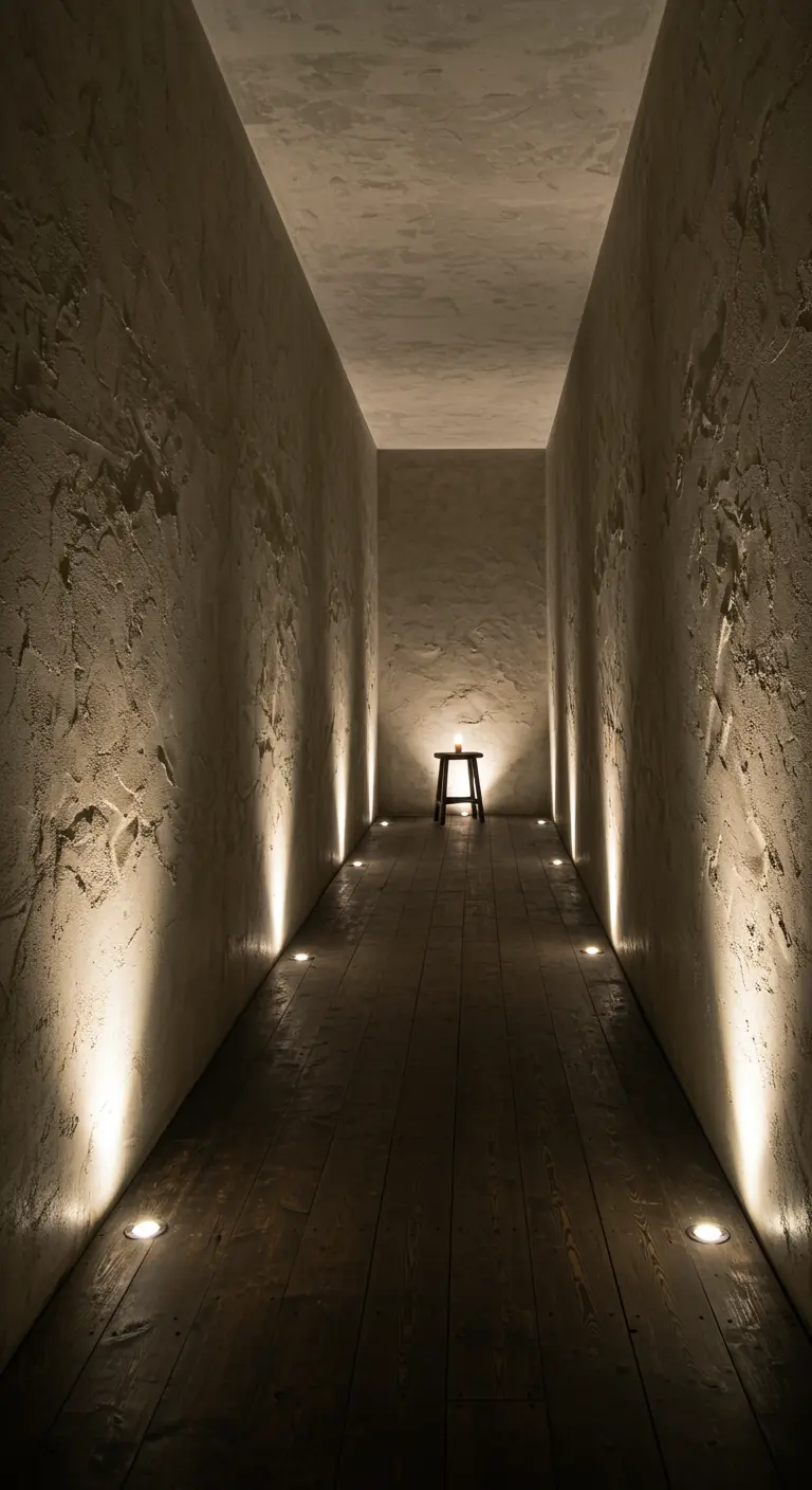 A long, narrow hallway with textured walls illuminated from below by recessed floor lights.