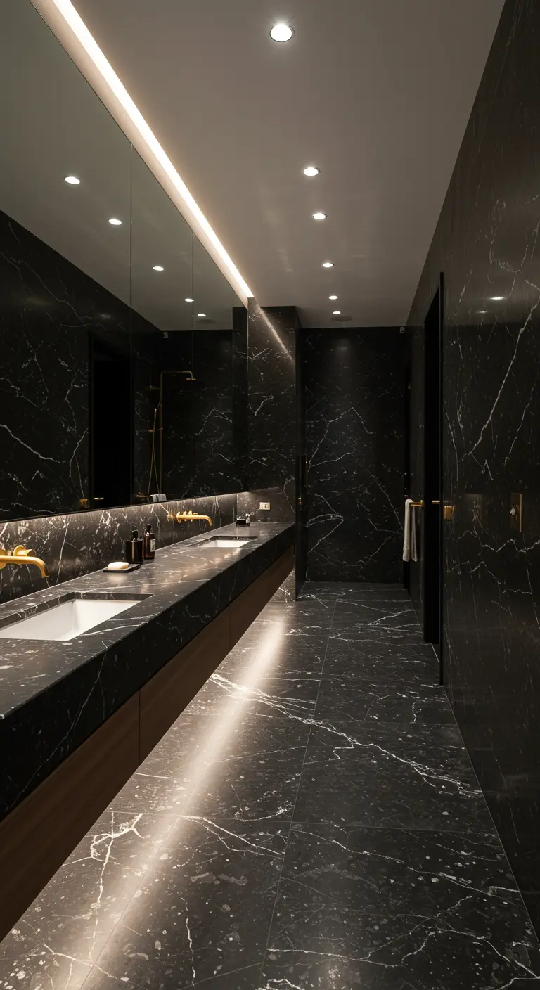 Long black marble bathroom with linear LED lighting on the floor and ceiling.