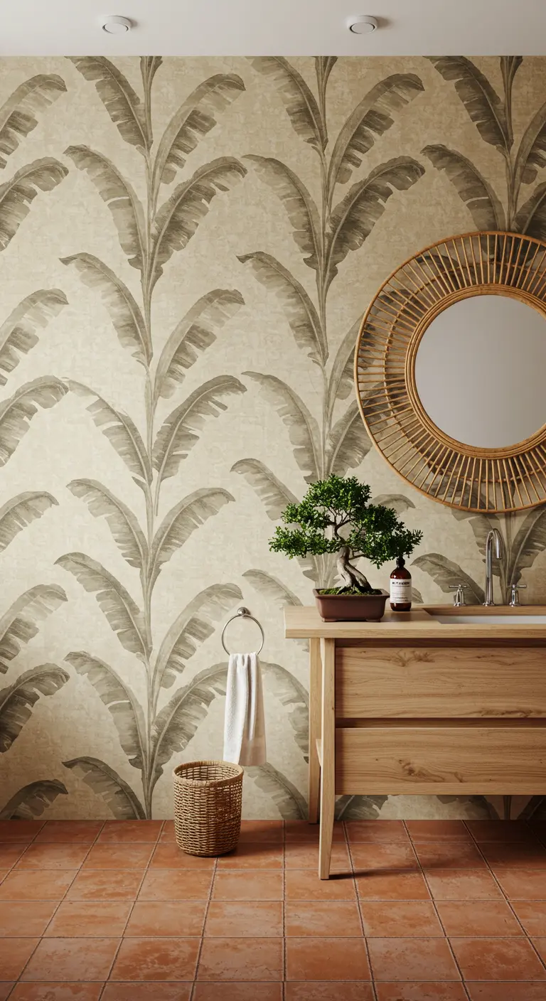 Bathroom with banana leaf wallpaper, a wood vanity, and a bonsai tree.