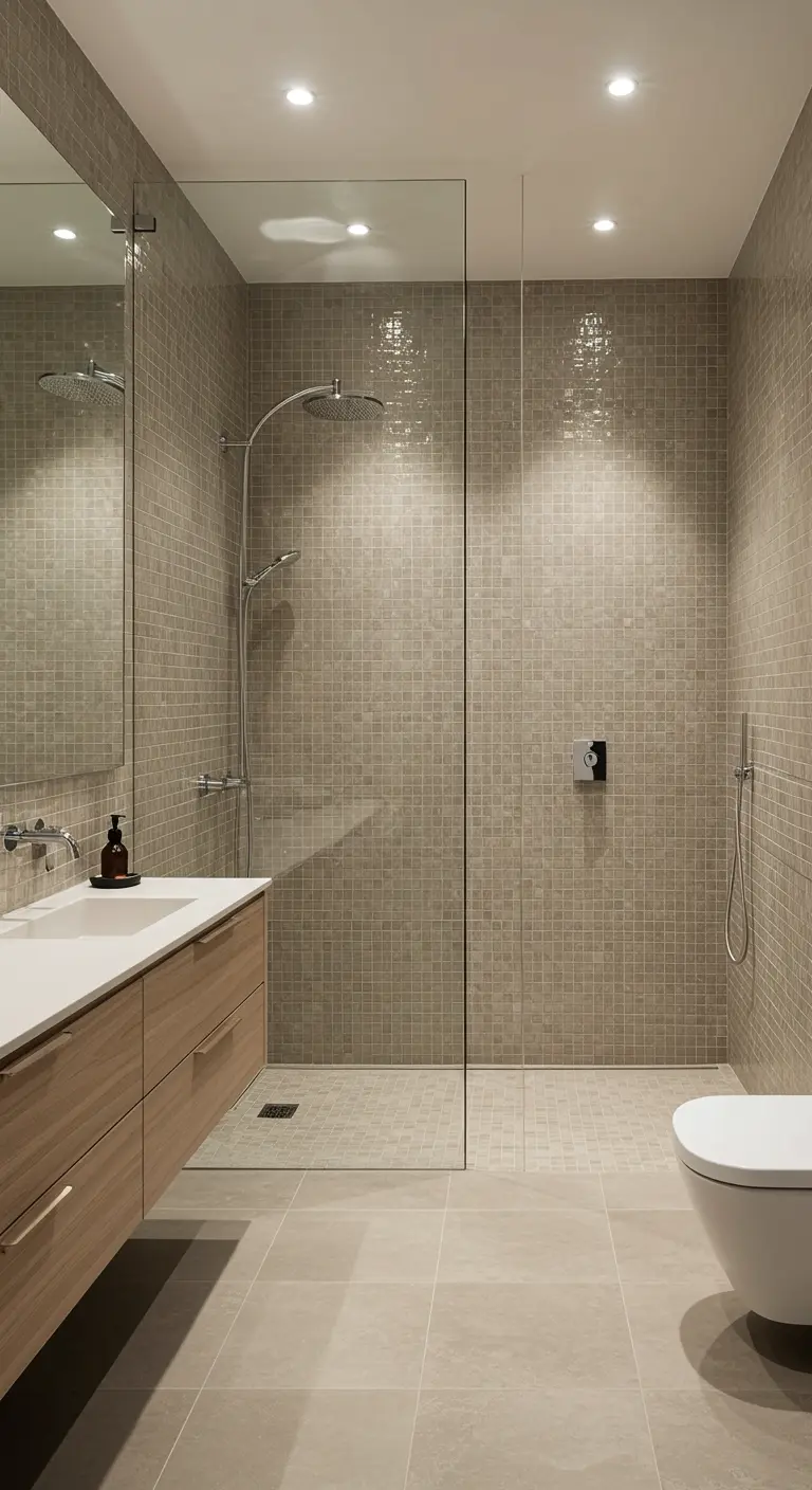 Walk-in shower with shimmering beige mosaic tiles and a glass panel.