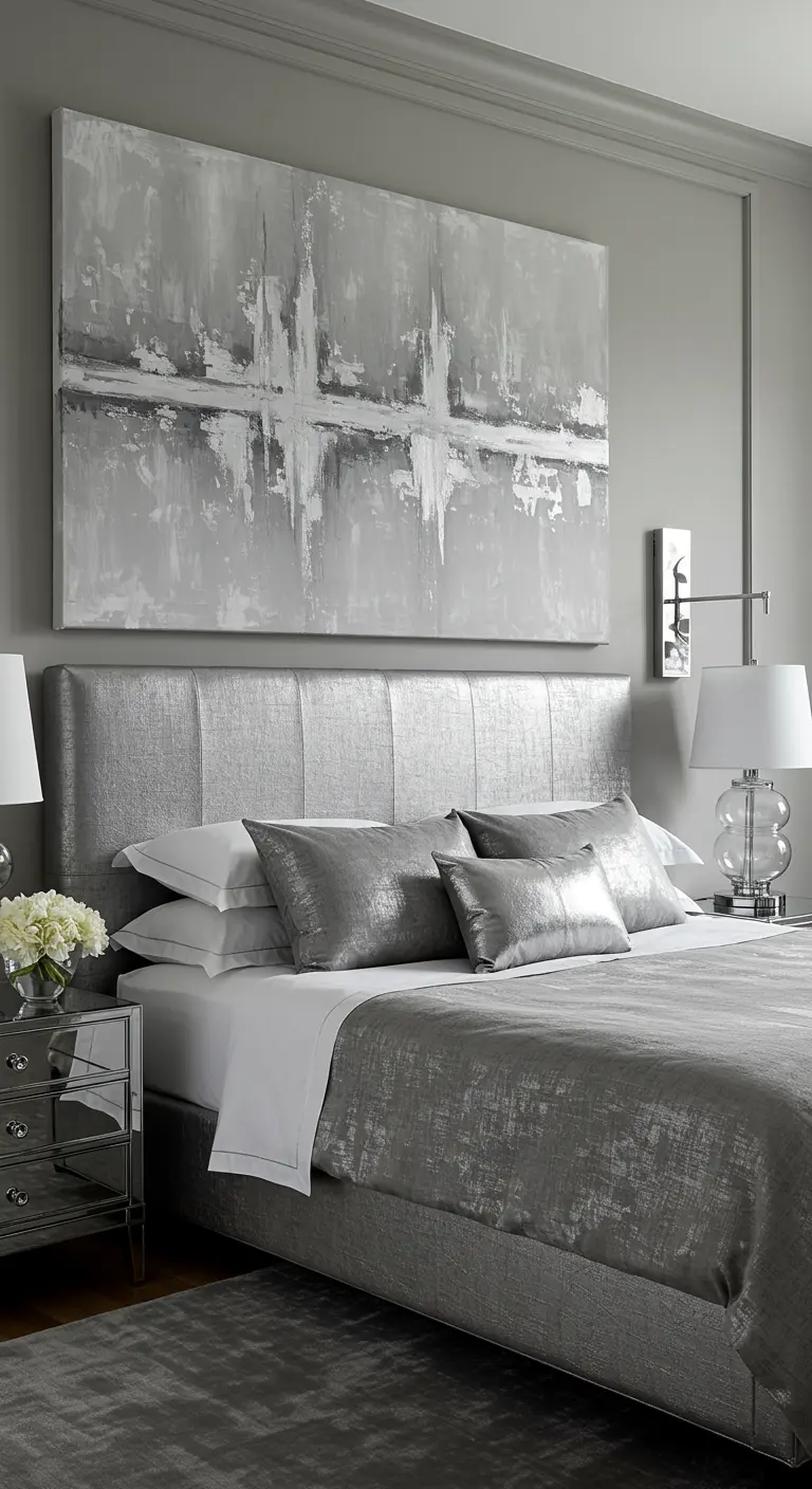 An elegant gray and silver bedroom with a metallic headboard and abstract art.
