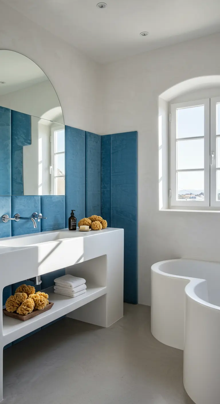 Minimalist bathroom with blue fabric panels and a sculptural white integrated sink and vanity.