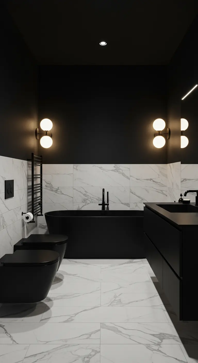 Symmetrical black and white bathroom with a black tub and globe sconces flanking the vanity.