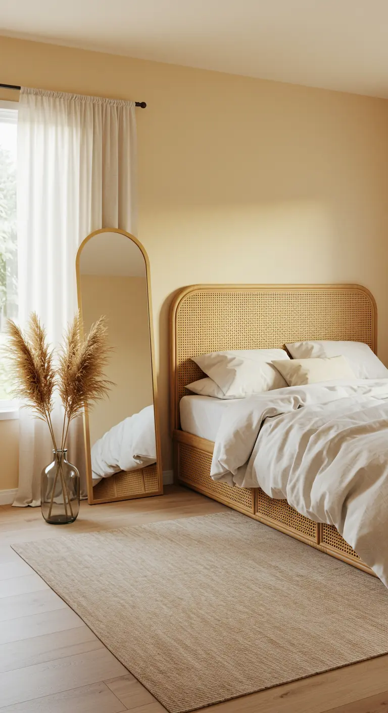 Warm bedroom with creamy yellow walls, a rattan bed, and a large arched floor mirror.