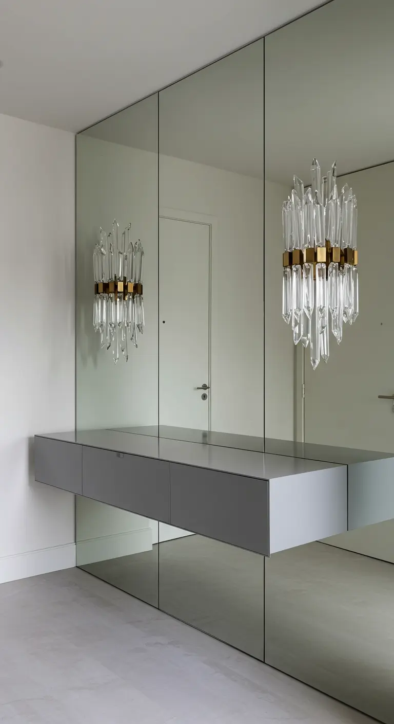 Minimalist entryway featuring a floating gray console mounted on a floor-to-ceiling mirror wall.