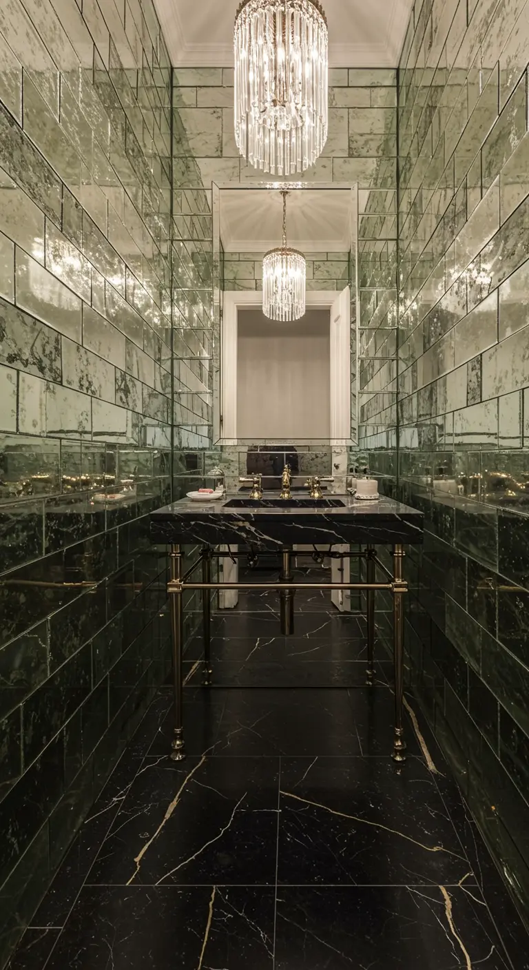 Narrow powder room with antiqued mirror tiled walls and a black marble console sink.