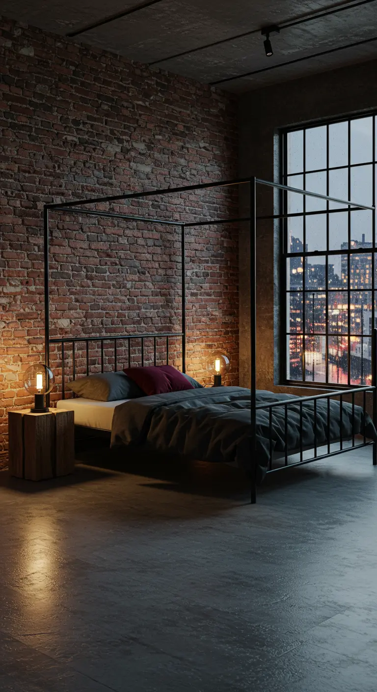 A black canopy bed against an exposed brick wall in a moody industrial loft bedroom.