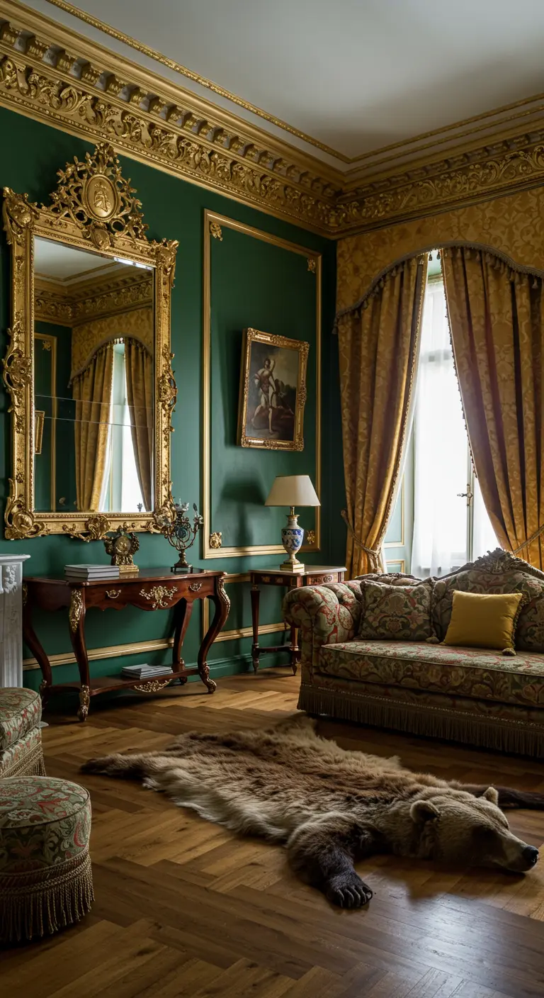 A hunter green room with ornate gold moulding on the walls and ceiling, framing the decor.
