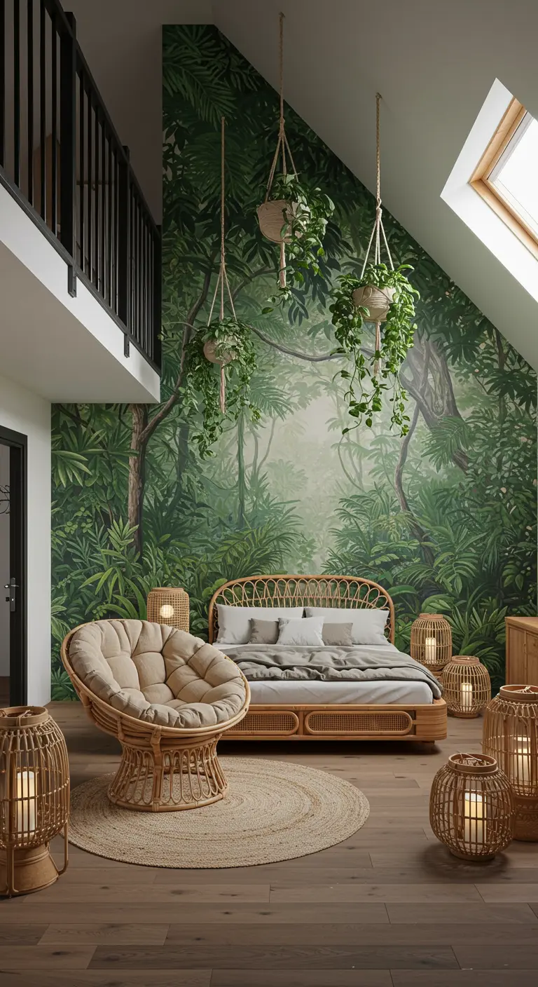 Loft bedroom with a deep jungle mural on a slanted wall and hanging plants.