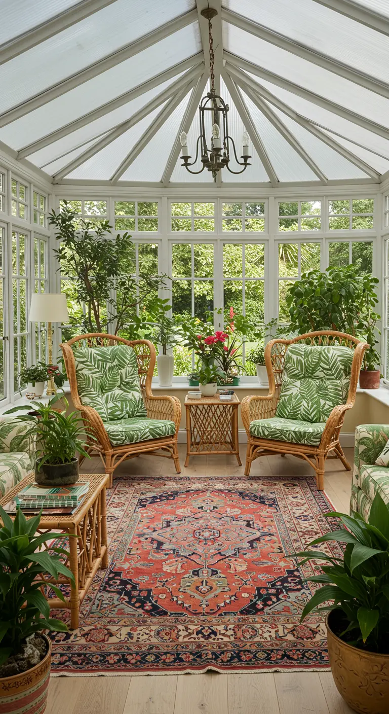 Rattan wingback chairs with botanical cushions in a glass sunroom on an Oriental rug.