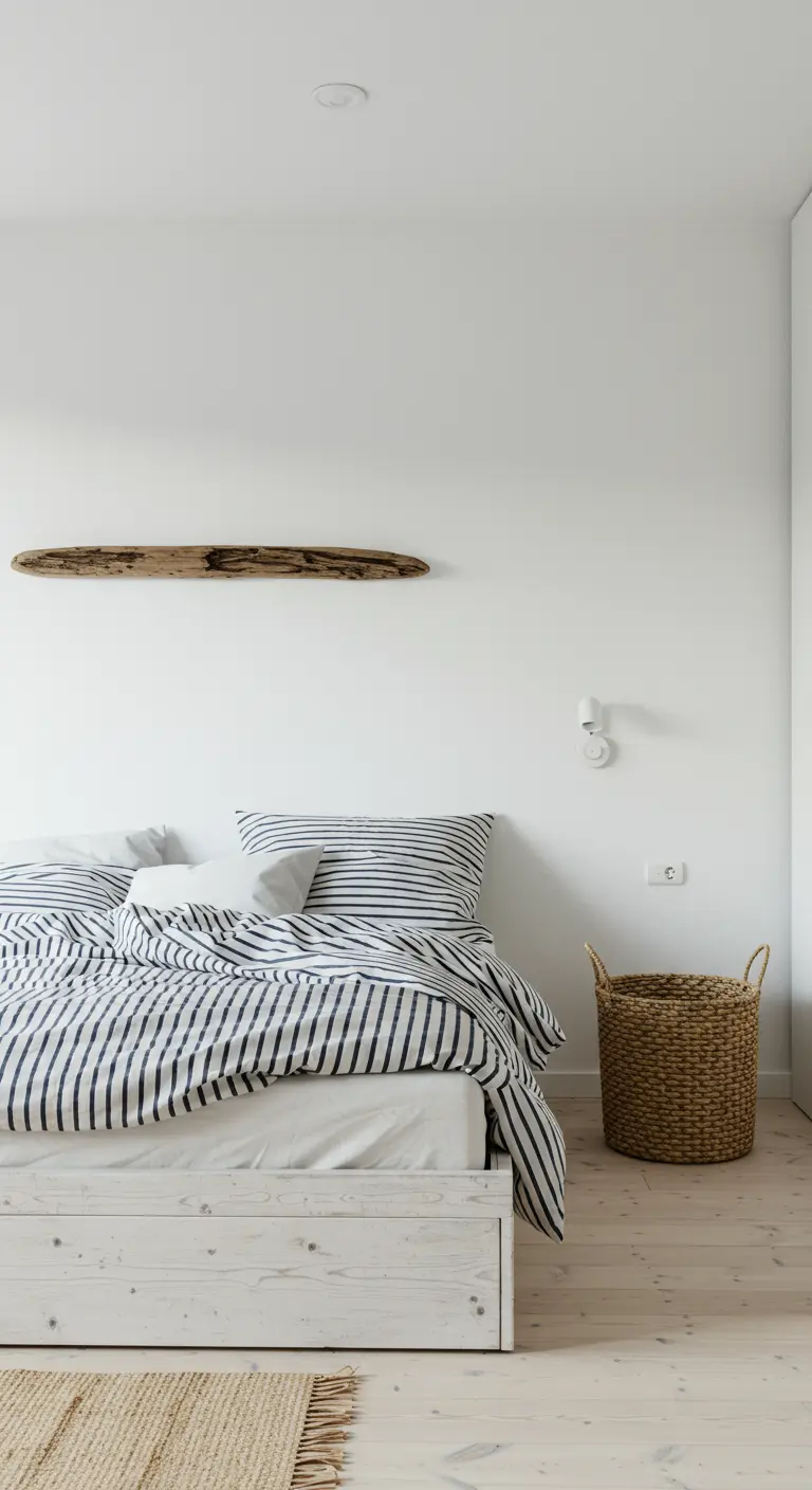 Coastal minimalist bedroom with a piece of driftwood as wall art above a bed with striped linen.
