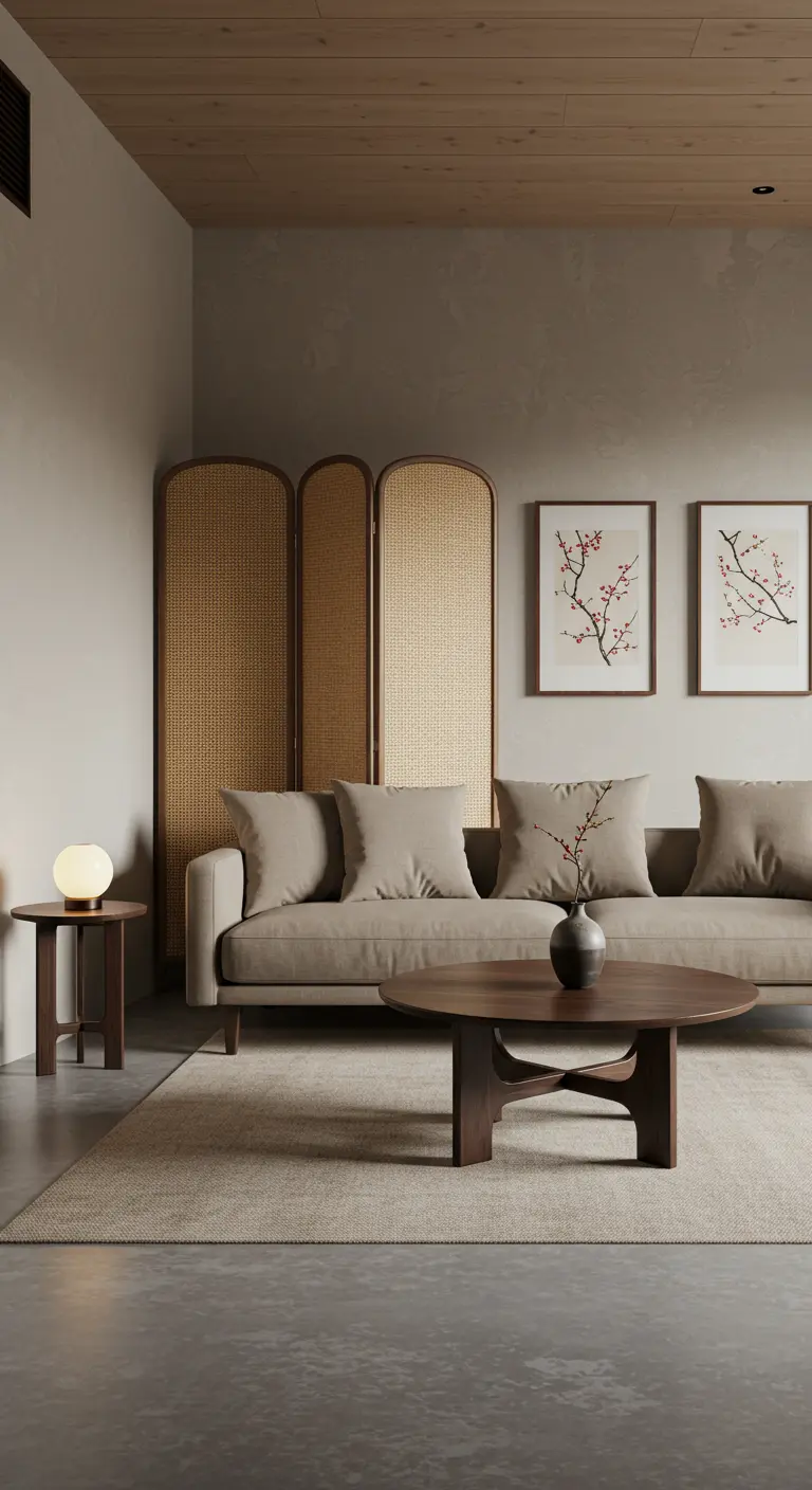 A minimalist living room with a taupe sofa, rattan screen, and cherry blossom art.