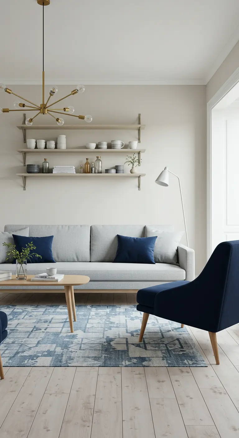 Scandinavian-style living room with a navy accent chair and matching navy pillows.
