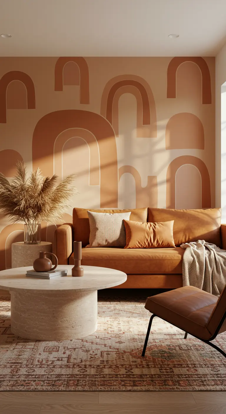 Living room with a terracotta-colored arch mural behind a brown leather sofa.