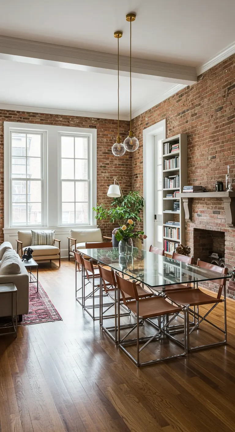 Glass dining table with leather chairs and two pendant lights in a brick-walled room.