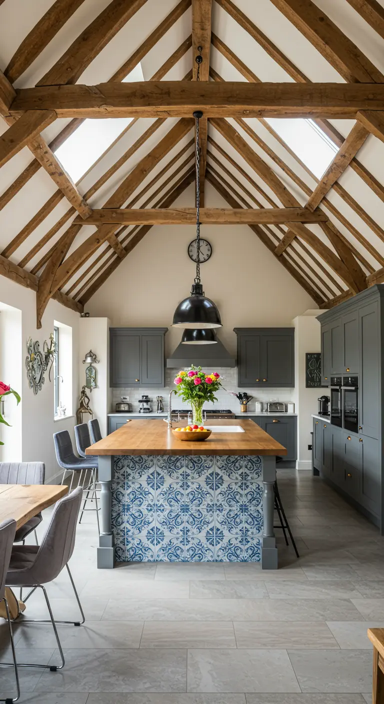 A kitchen with a vaulted wood-beamed ceiling, gray cabinets, and a blue patterned tile island.