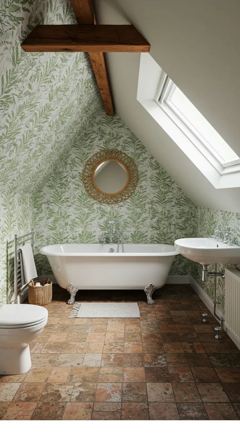 Attic bathroom with sloped ceiling, botanical wallpaper, and a clawfoot tub.