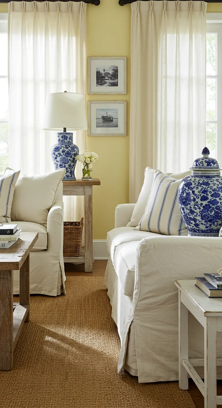 Coastal living room with white slipcovered furniture and blue-and-white porcelain lamps and jars.
